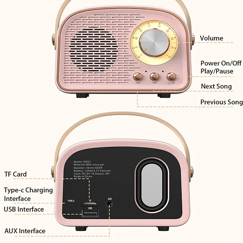سماعة لاسلكية تعمل بالبلوتوث المتكلم لطيف صغير ريترو مضخم صوت ستيريو مكبر الصوت USB شحن صندوق الصوت السفر مشغل موسيقى