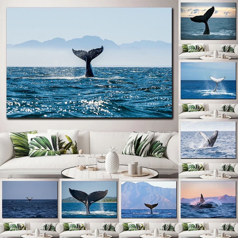 Natural Blue Whale Fish Tail Canvas Painting Wall Art Seascape Animal Killer Whale Posters and Prints for Living Room Home Decor