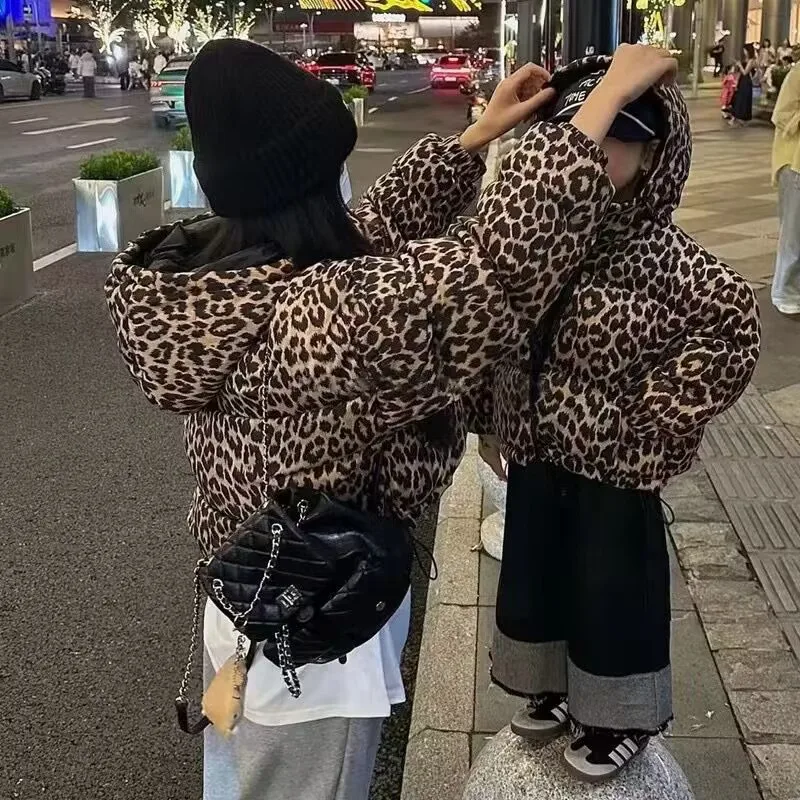 Clothes 2024 Winter Korean Children Boys and Girls Wearing Thickened Hand-stuffed Cotton-padded Clothes Both Sides Leopard Print