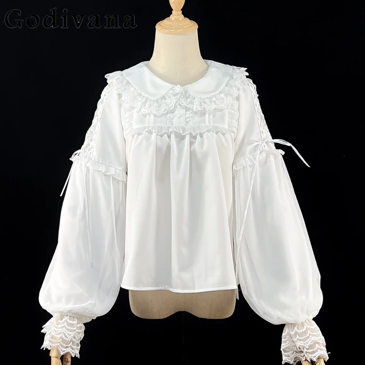 Original Japanese Lolita Inner White Shirt Women Loose Lace Stitching Peter Pan Collar Lantern Sleeve Top Female Elegant Blouses