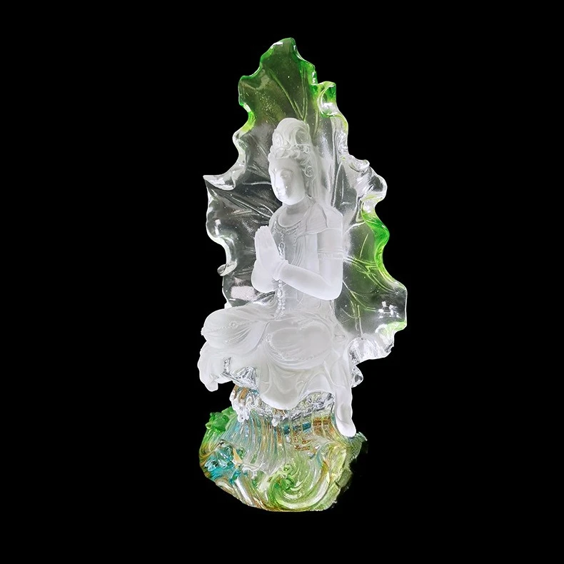 Glazed Buddha statue, glazed Buddha statue, crystal Buddha statue, glazed lotus leaf Guanyin