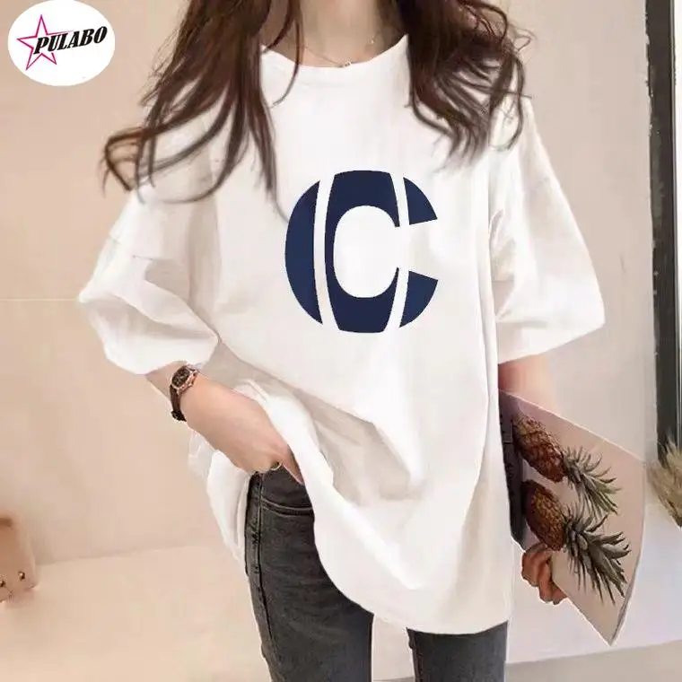 PULABO Cotton Short Sleeve T-shirt Women's Letter Round Neck Summer y2k Korean Version Loose Mid-length Large Size Half-sleeve