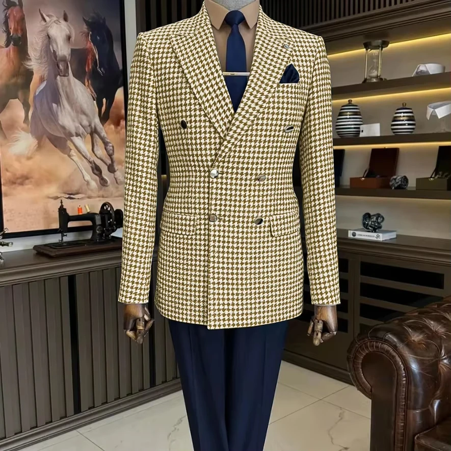 بدلات كلاسيكية بنقشة هاوندزتوث للرجال سترة مزدوجة الصدر منقوشة من التويد الصوفية ملابس رجالية بدلات العريس (معطف فقط)