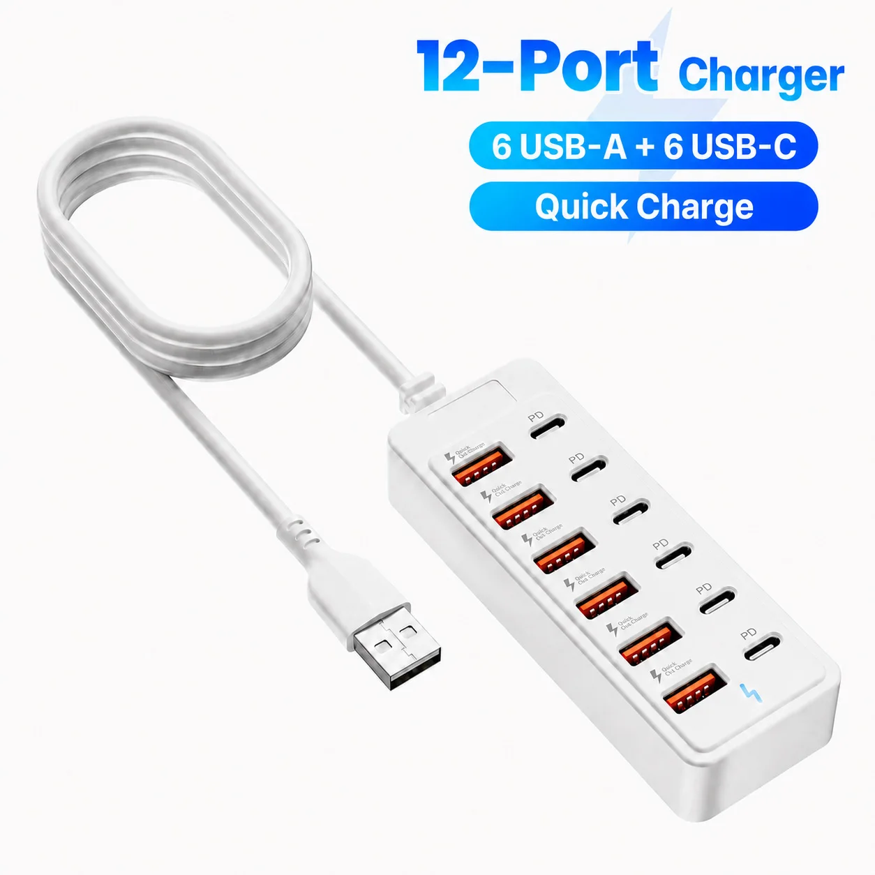 Cargador USB de 12 Puertos, 6 USB-A, 6 USB-C, Estación de Carga de Escritorio, Cargador Rápido, Adaptador de Corriente Multipuerto con Cable de 1M para Oficina en Casa