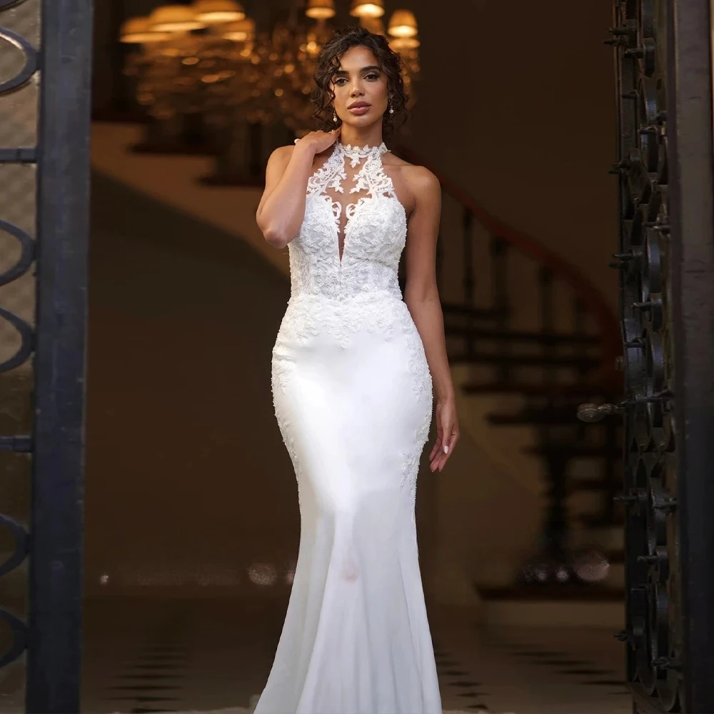 Customized Charming Halter High Neck Lace Applique Mermaid Wedding Dress Chapel Train Plus Size Elegant Ivory Bridal Gown 2026