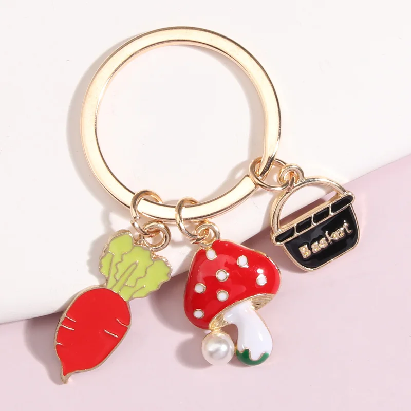 Cartoon Enamel Radish Mushroom Basket Key Ring Forest Key Chains Souvenir Gifts For Women Men Car Hanging DIY Handmade Jewelry