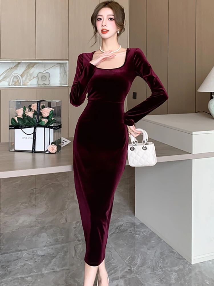 Women Blue Velvet Long Sleeve Prom Clothing Autumn Winter Thick Warm Casual Long Dresses 2026 Korean Vintage Elegant Dress Gown
