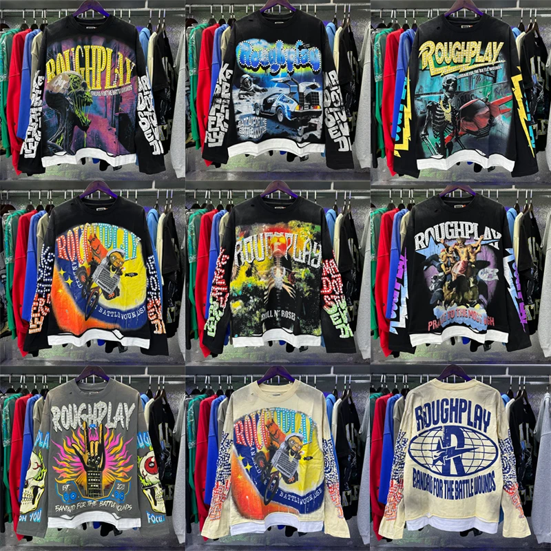 

Spring Casual Men's ROUGHPLAY Long-sleeved T-shirts High Quality Ripped Pattern Logo Printed Tops Spliced Hem Rough Play T-shirt