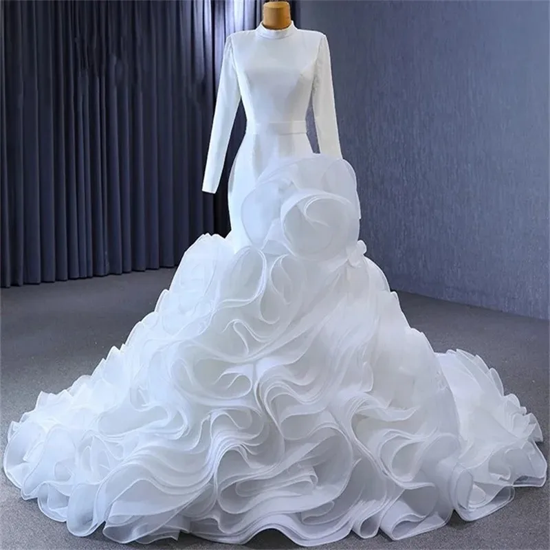 

2024 Mermaid Women Wedding Dresses Long Sleeve Satin White Ruffles Train High Neck Bridal Gown Vestidos De Novia Custom