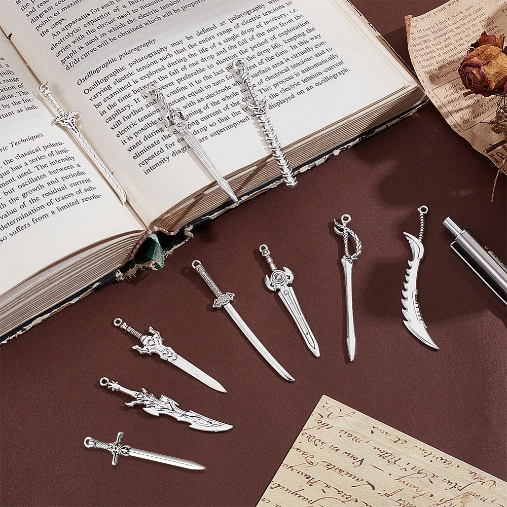 40Pcs 10 Styles Bookmark Silver Swords Charms Mini Bookmark Charms Style Pendants for Book Lovers Presents Reading Crafting DIY