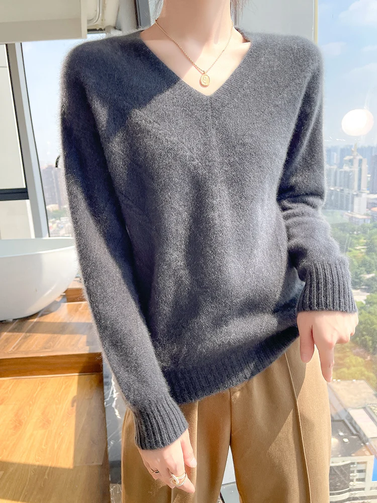 

Женский пуловер из 100% шерсти Merino с v-образным вырезом, осень-зима, толстый повседневный модный вязаный кашемировый свитер