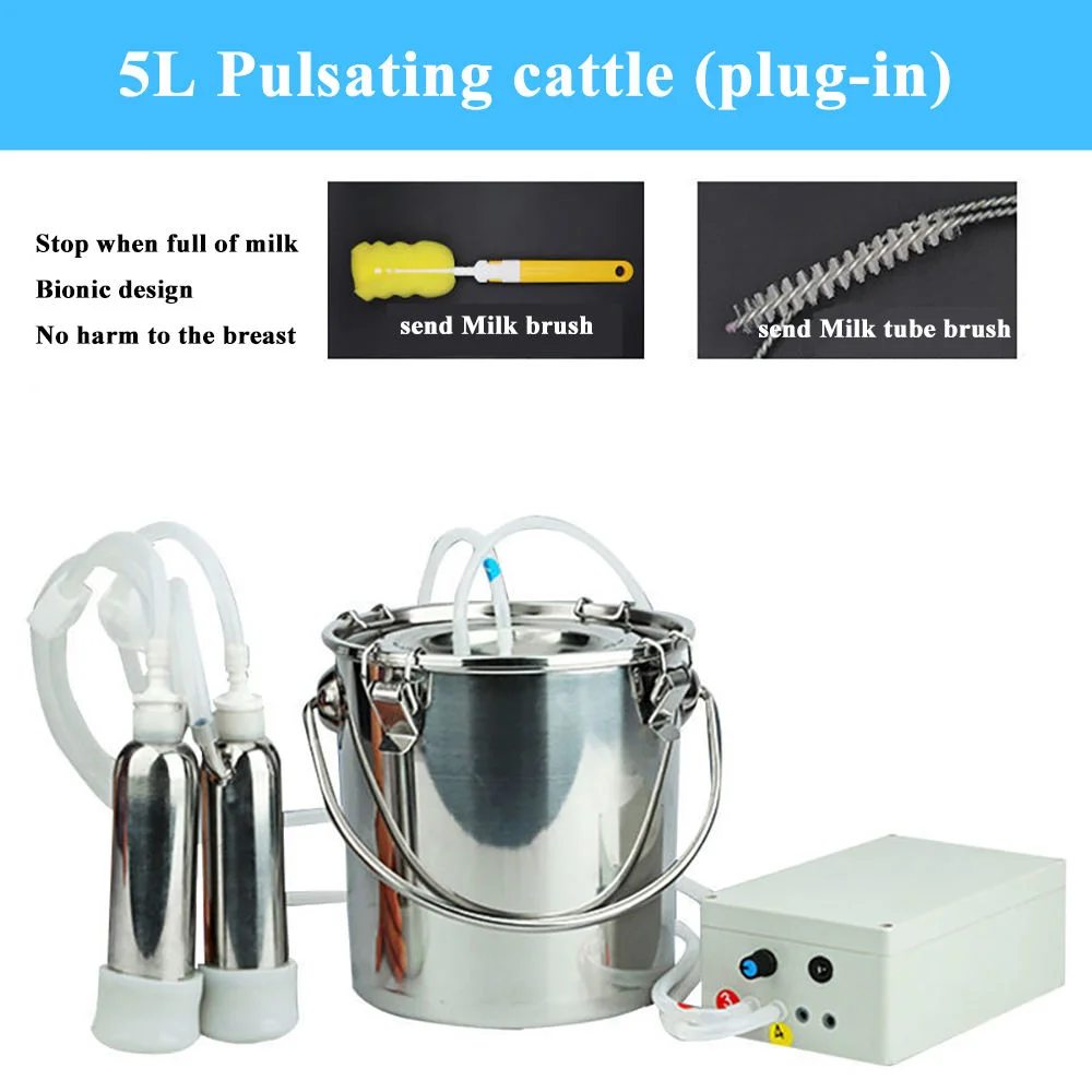 Portable Electric Pulsation Milking Machine for Goat Cow 5L/7L/14L 304 SS Bucket Adjustable Vacuum Milker Household Farm Milking