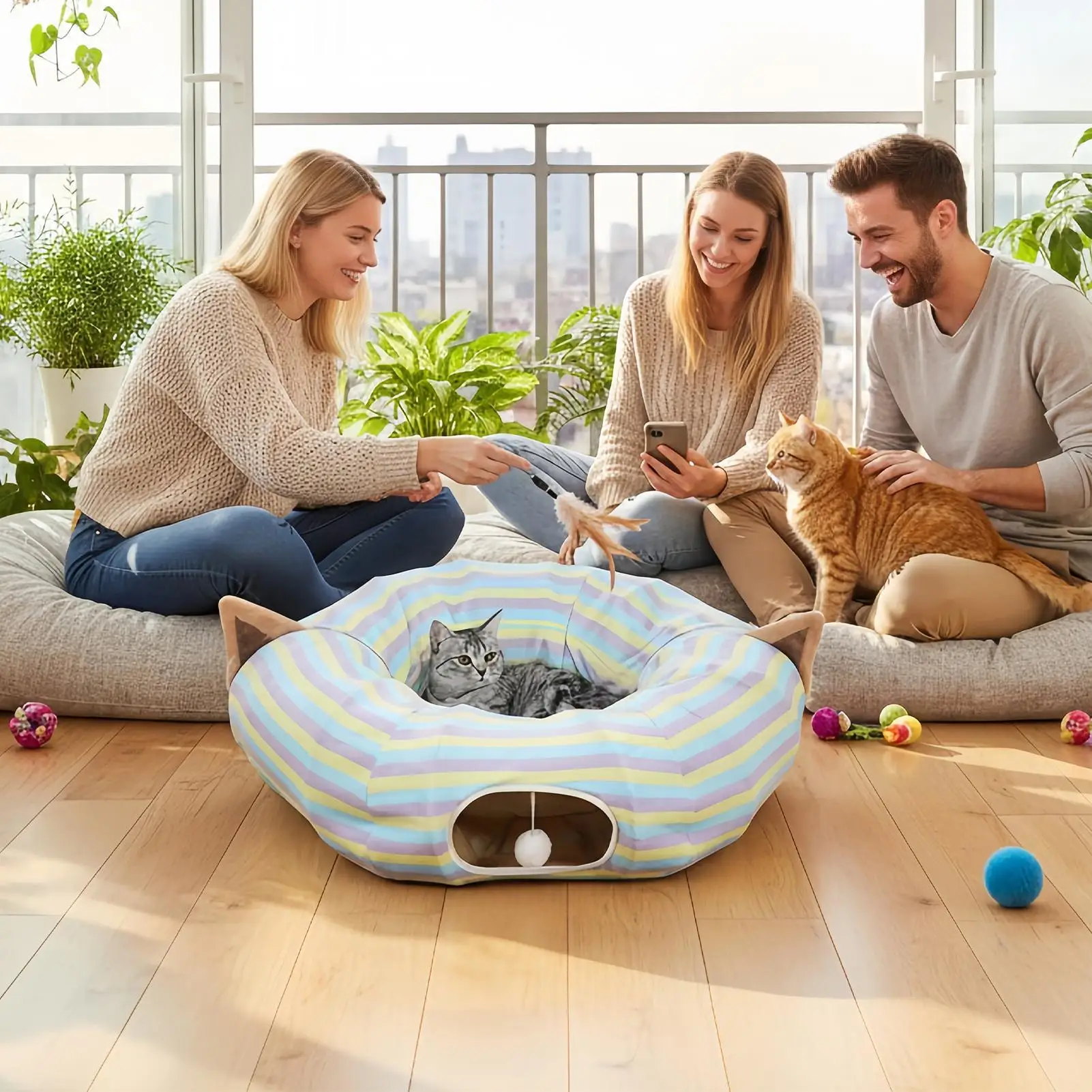 Cat Tunnel Washable Cave Foldable Colorful Stripes Cat Play Tube For Kitten Pet Birthday Christmas Party Small Animals Chasing