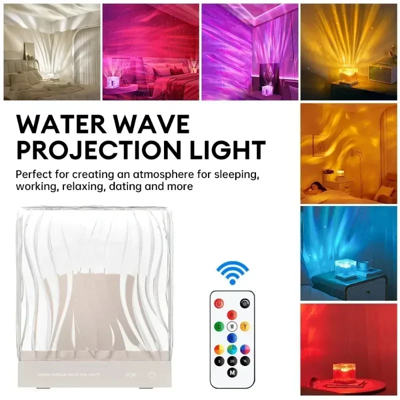 2024 Newest Hot Dynamic Aurora Borealis Water Ripple Projection Night Light Multi-colour Crystal Lamp Living Room Bedroom Light