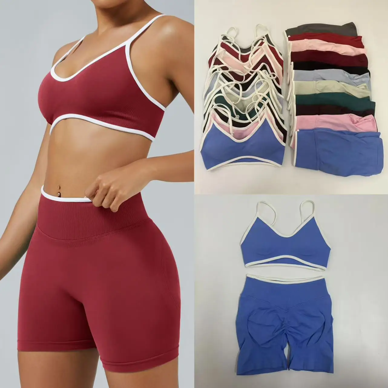 

TEVEO Yoga Gym Set Women Seamless Strappy Yoga Bra Top High Waist Workout Scrunch Shorts Sports Set Fitness Clothes Sportswear