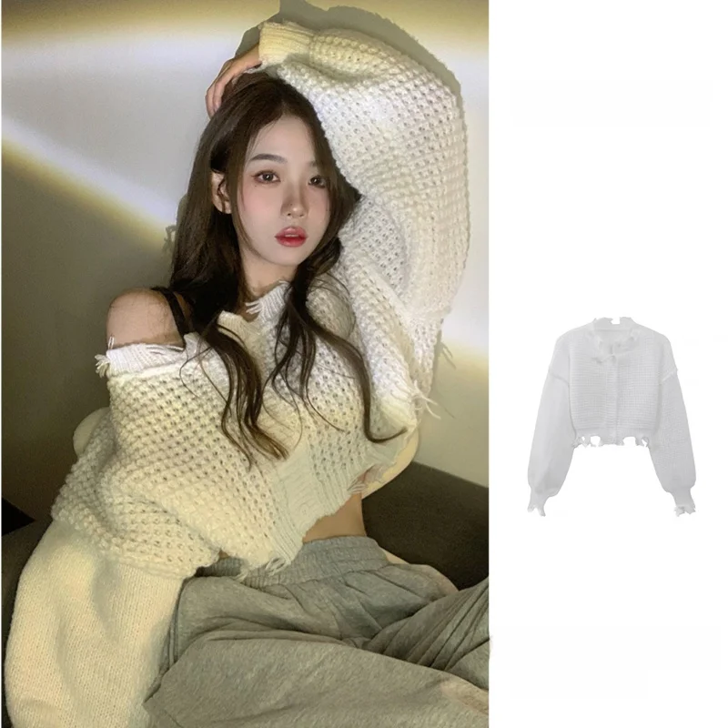 

White Hollow out Long Sve Knitted Sweater Women's Spring Autumn Loose BF Lazy Sle Design Sense Cardigan Coat