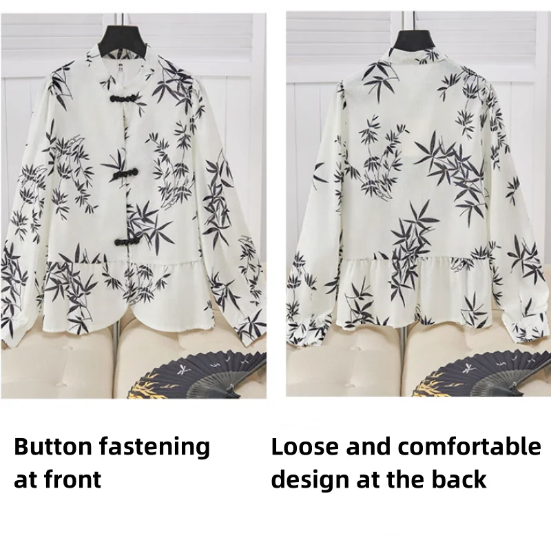 Chinese Style Long Sleeve Top Chiffon Women\'s Shirts Print With Buttons Clothes Spring Summer Stand Up Collar Fashion Blouse