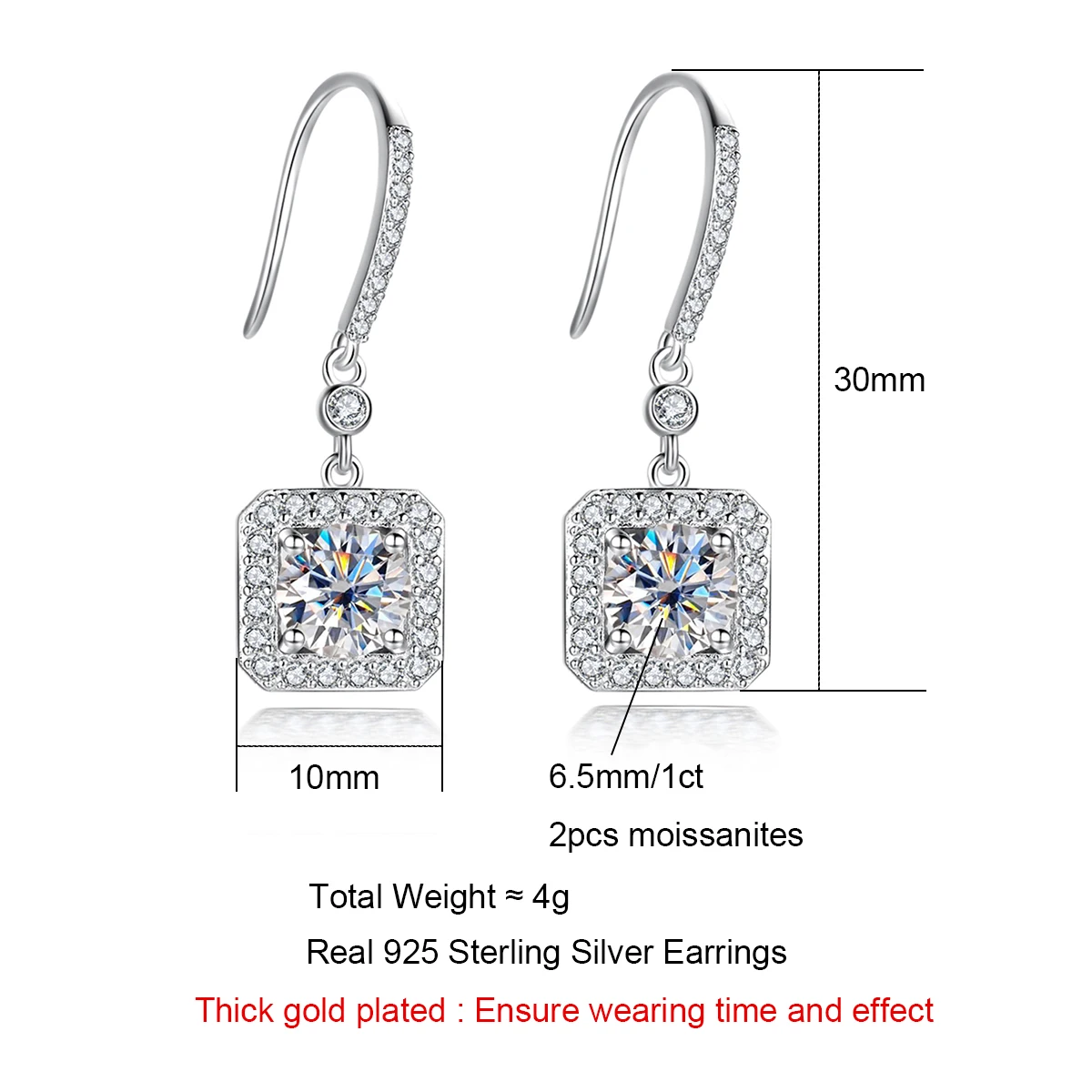 AnuJewel 1 Carat Cushion D Color Moissanite Drop Earrings 925 Sterling Silve Hook Earrings For Woman Gifts Wholesale