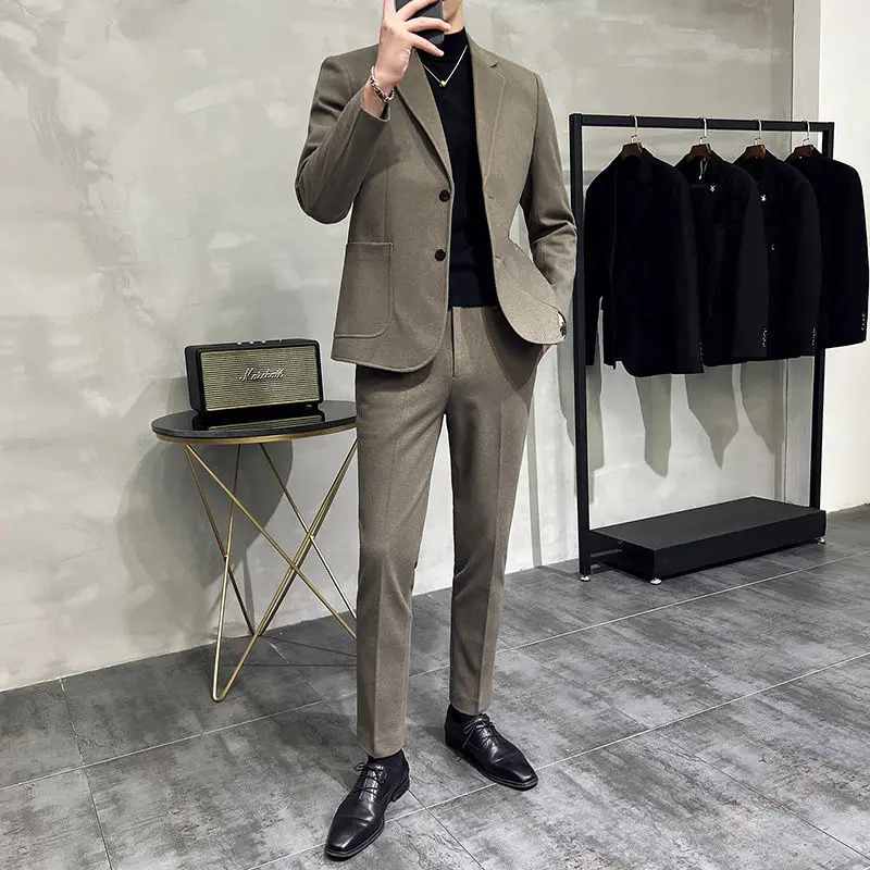 

Mens Spring Autumn Thick Wool Suit Slim Fit British Style Casual Two Piece Set Korean Trendy Handsome Blazer
