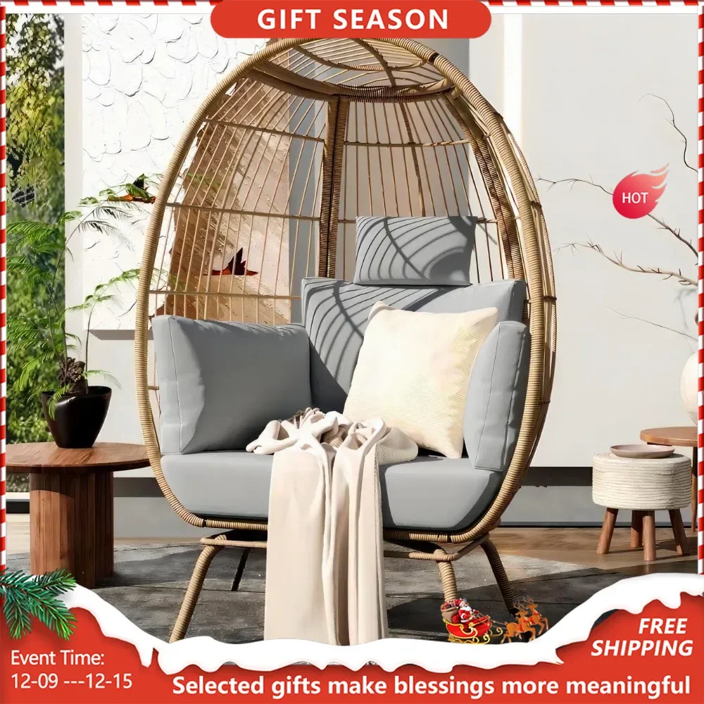 Egg Chair Wicker Outdoor Oversized  with 370lbs Capacity Large with Stand Cushion Egg Basket Chair for Patio, Balcony Bedroom