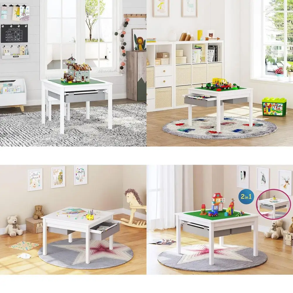 

Dual-Function Children's Construction Play Table with Storage Drawers and Integrated Plate - White