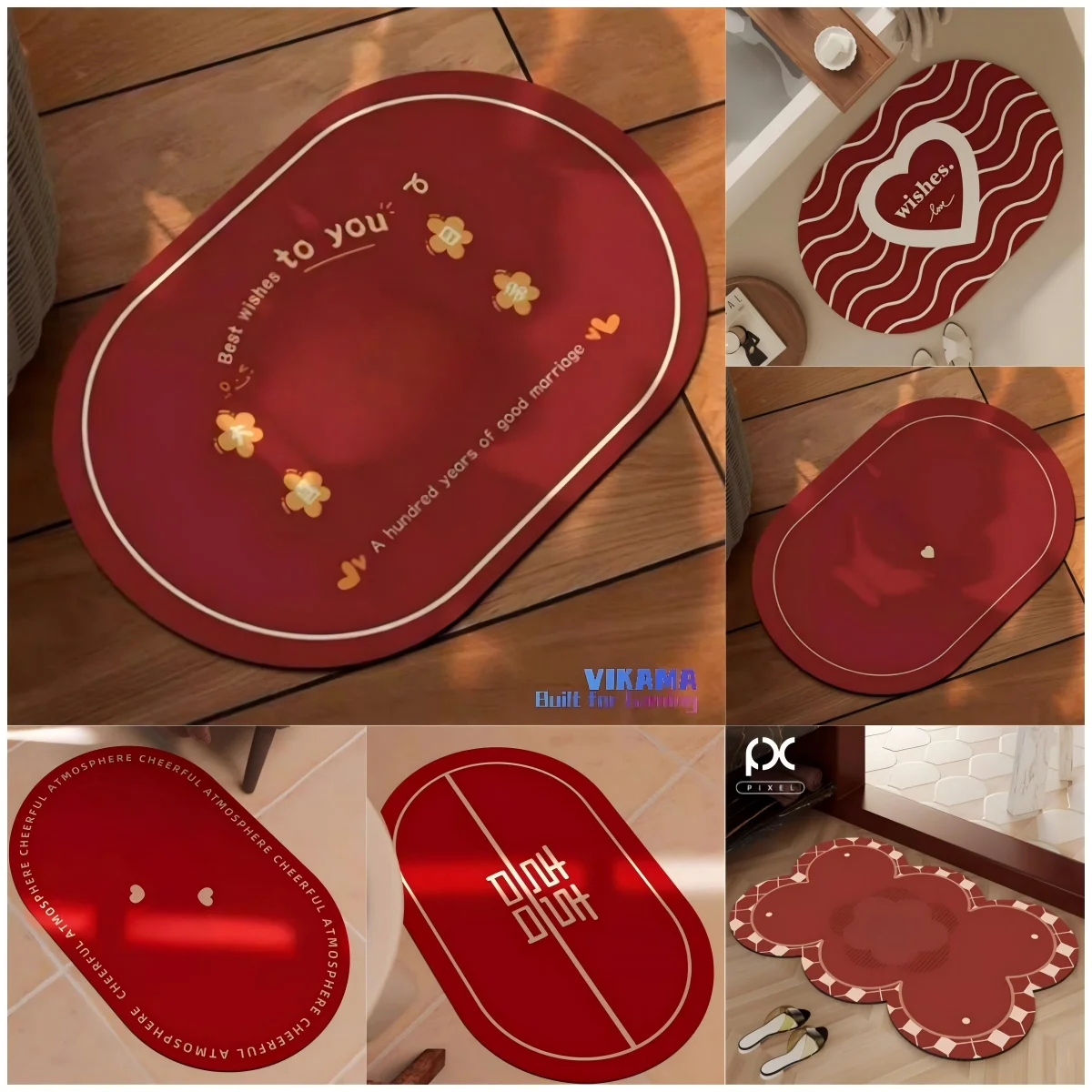 VIKAMA Hochzeit Kieselgur Rutschfeste Fußmatte Hochzeit Badezimmer Tür Rot Joyful Verschleißfester und langlebiger Teppich Heimdekoration