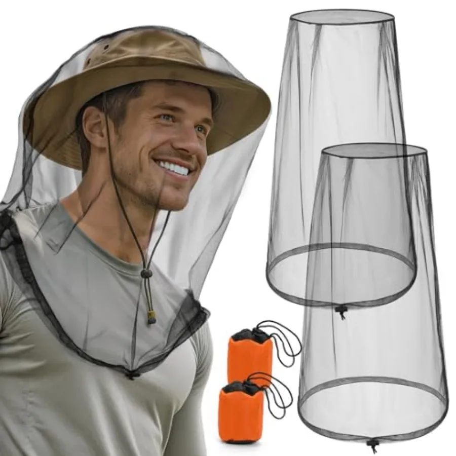 2 Pack Premium Mosquito Head Nets with Drawstring, Breathable Ultra Large Bug Net for Head, Mosquito Net Hat for Men and Women,