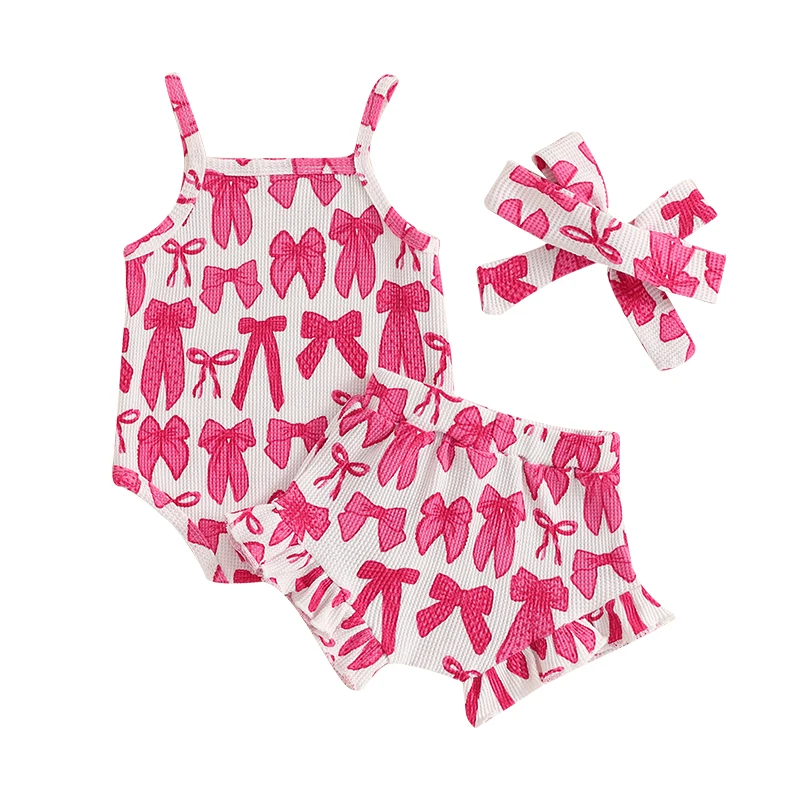 

Baby Girls Summer Outfits Bow Floral Print Sleeveless Romper with Ruffled Shorts and Bow Headband 3 Pcs Set