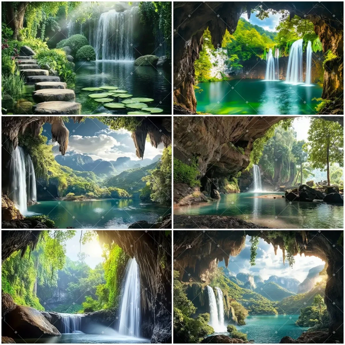 

Natural landscape Cave Waterfall Background Dense Jungle Blue Water Decor Backdrop Hippie Living Room Wall Supplies Photo Zone