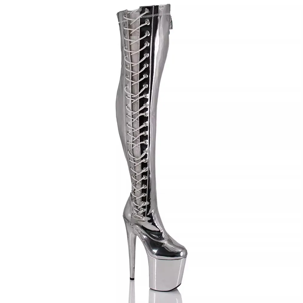 

20cm pole dancing knee high boots silver stage performance high heels model walking boots