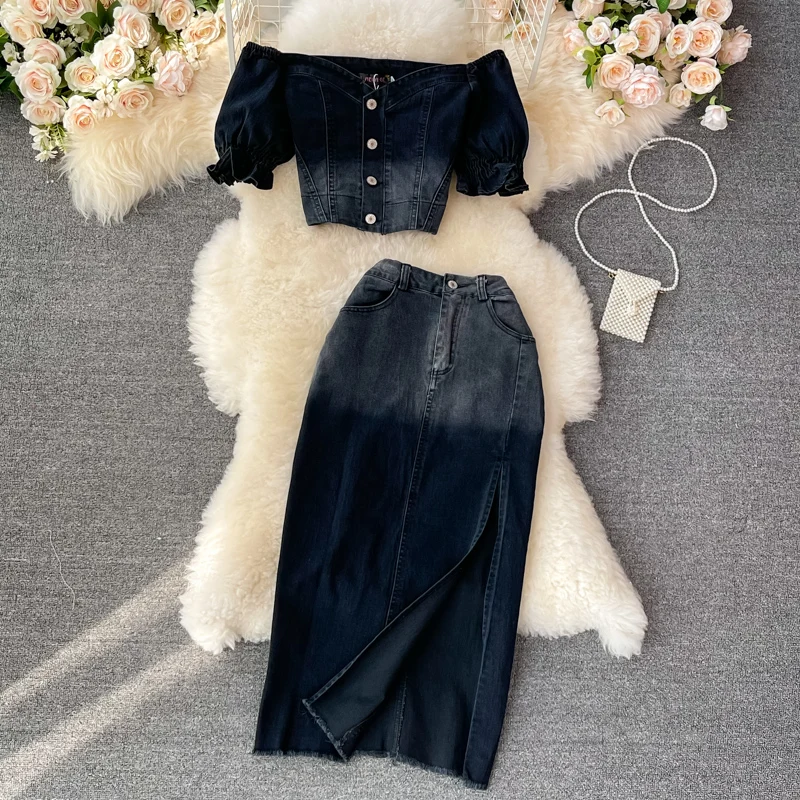 

Slash Neck Off Shoulder Slim Fit Short Sleeve Top+ Y2k High Waist Split Bodycon Denim Skirts 2025 Summer New Two Piece Sets