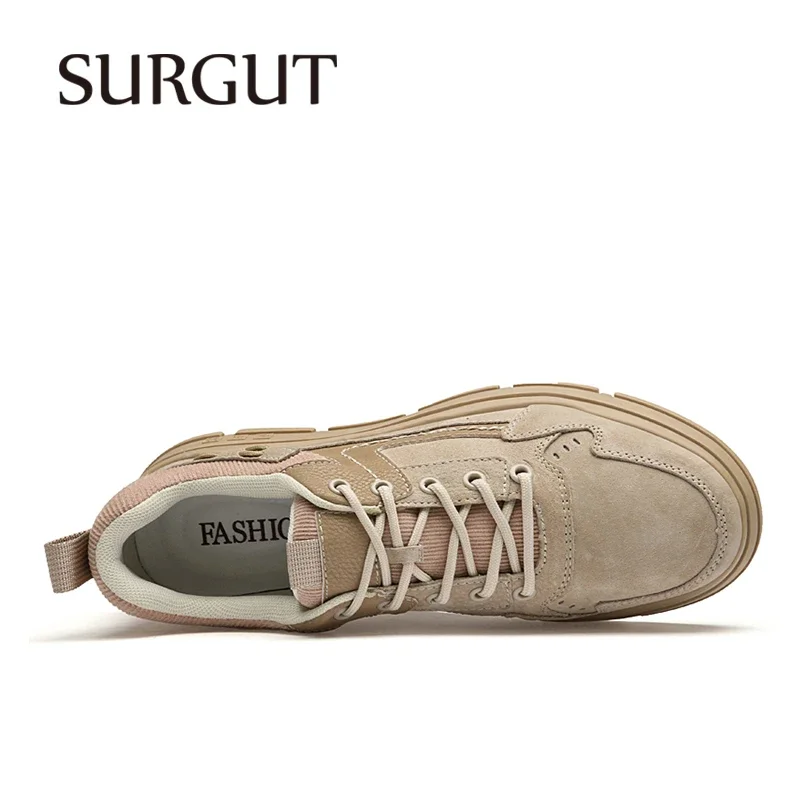 SURGUT New Fashion Men's Leather Shoes Spring New Lace Up Men Shoes Breathable Soft Casual Men Outdoor Hiking Shoes