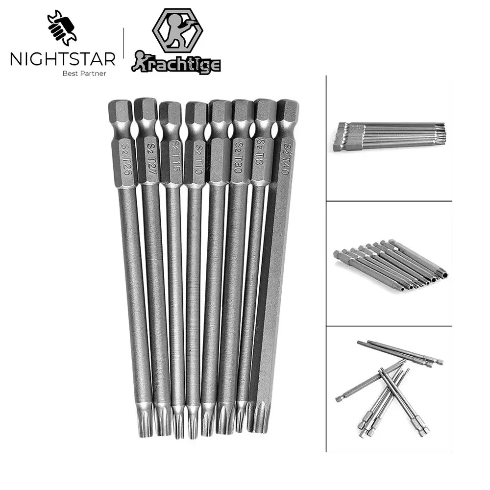 8Pcs 100mm Magnetic Torx Screwdriver Bits 1/4' Hex Shank New T8 T10 T15 T20 T25 T27 T30 T40 Electric Screwdriver Head