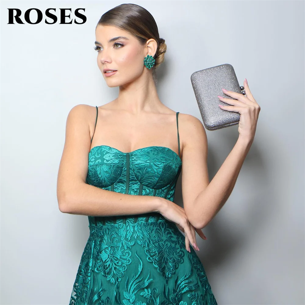 ROSES Spaghetti Strap Evening Gown Elegant Green A Line Prom Dress Appliques Lace Sweetheart Neck Evening Dress robes de soirée