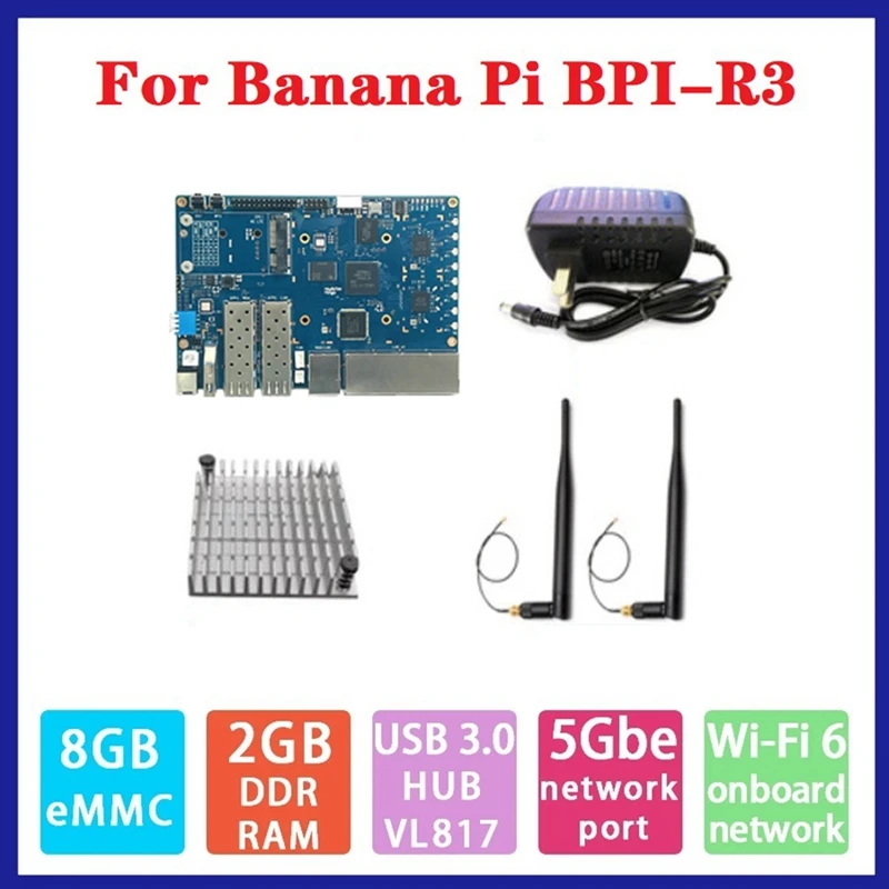 Hot For Banana PI BPI-R3 MT7986 2G+8G EMMC 2 SFP 2.5Gbe 5Gbe Router Development Board+Heat Sink+Antennas+Power Cable