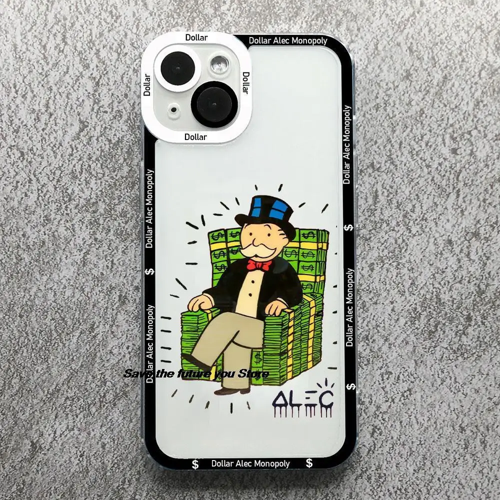 Trend Cartoon Dollar Alec Monopoly Phone Case For iPhone 13 12 11 14 15 Pro Max XSMAX X XR 14 15 PLUS Fashion Clear Soft Cover