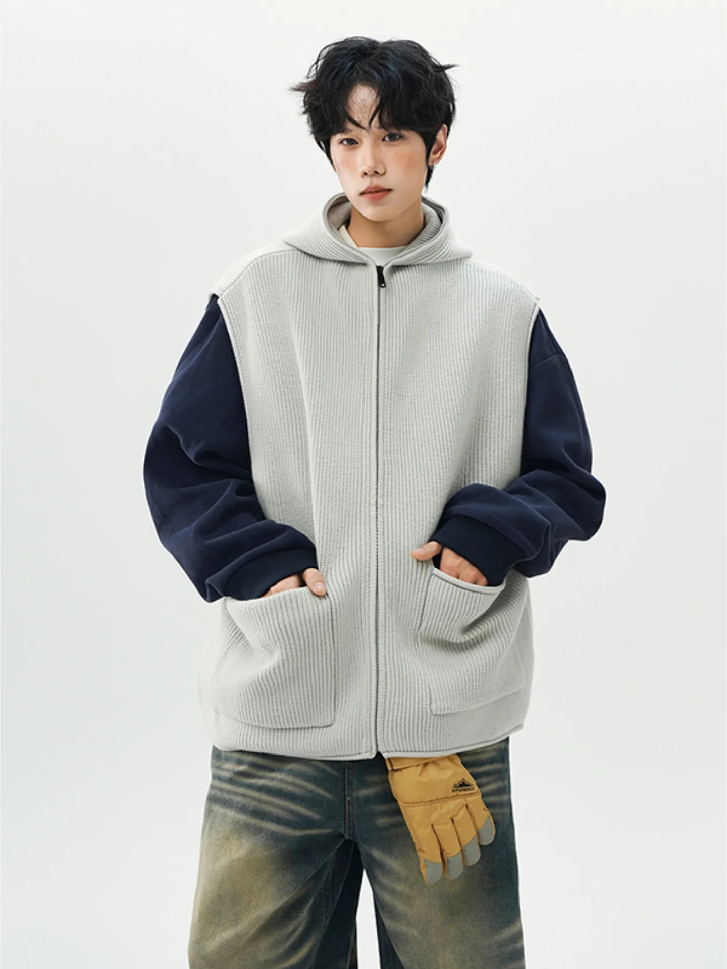 

Мужской открытый кардиган-свитер с капюшоном, вязаный, свободного кроя, модный осенний жилет, мягкий, удобный, из смесового полиэстера