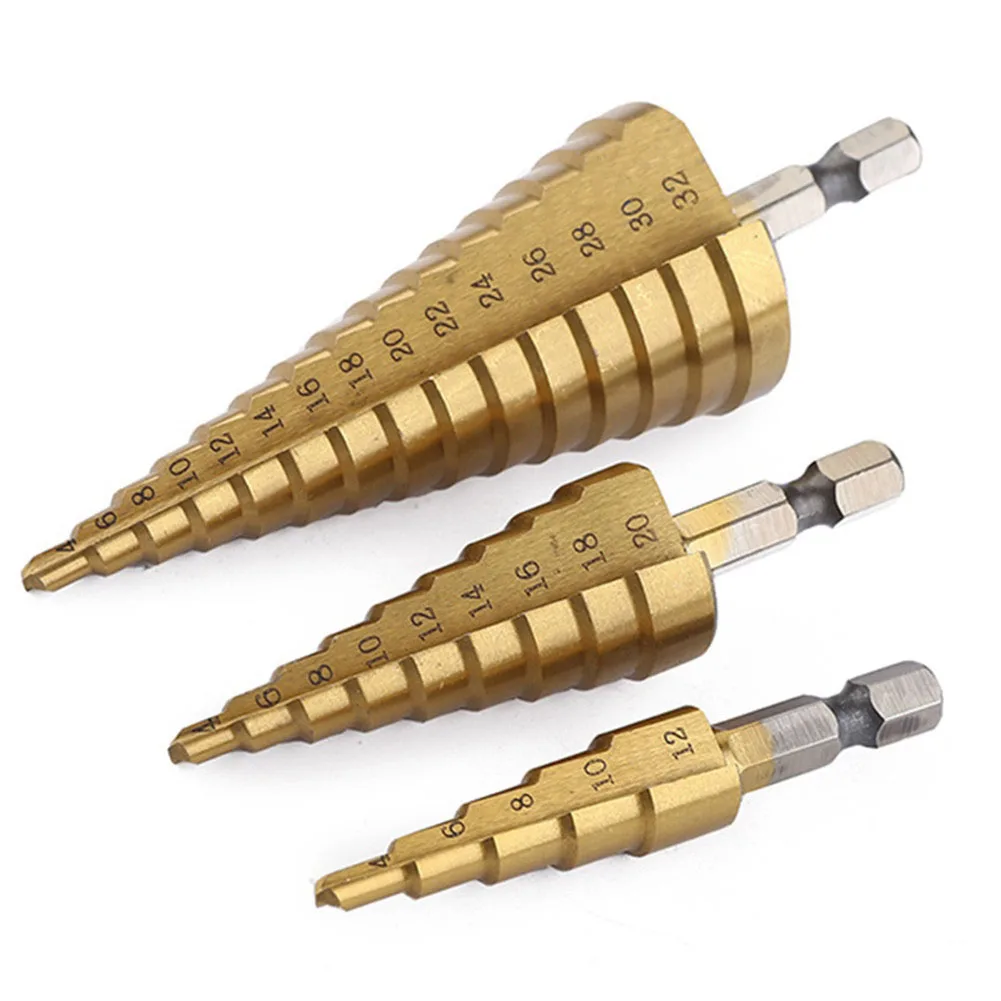 Broca de Passo Revestida de Titânio HSS, Ferramentas Elétricas de Perfuração, Metal, Alta Velocidade, Aço, Cortador de Madeira, Cone Drill, 4-12mm, 20mm, 32mm