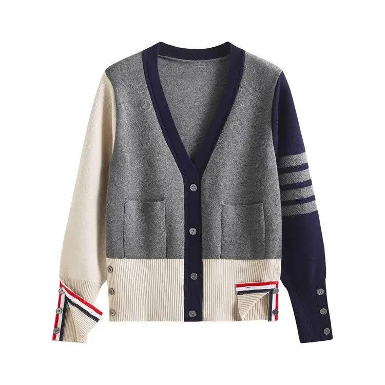 

Sweater coat classic three-color striped knit cardigan women's American autumn V-neck matching color long-sleeved sweater coat