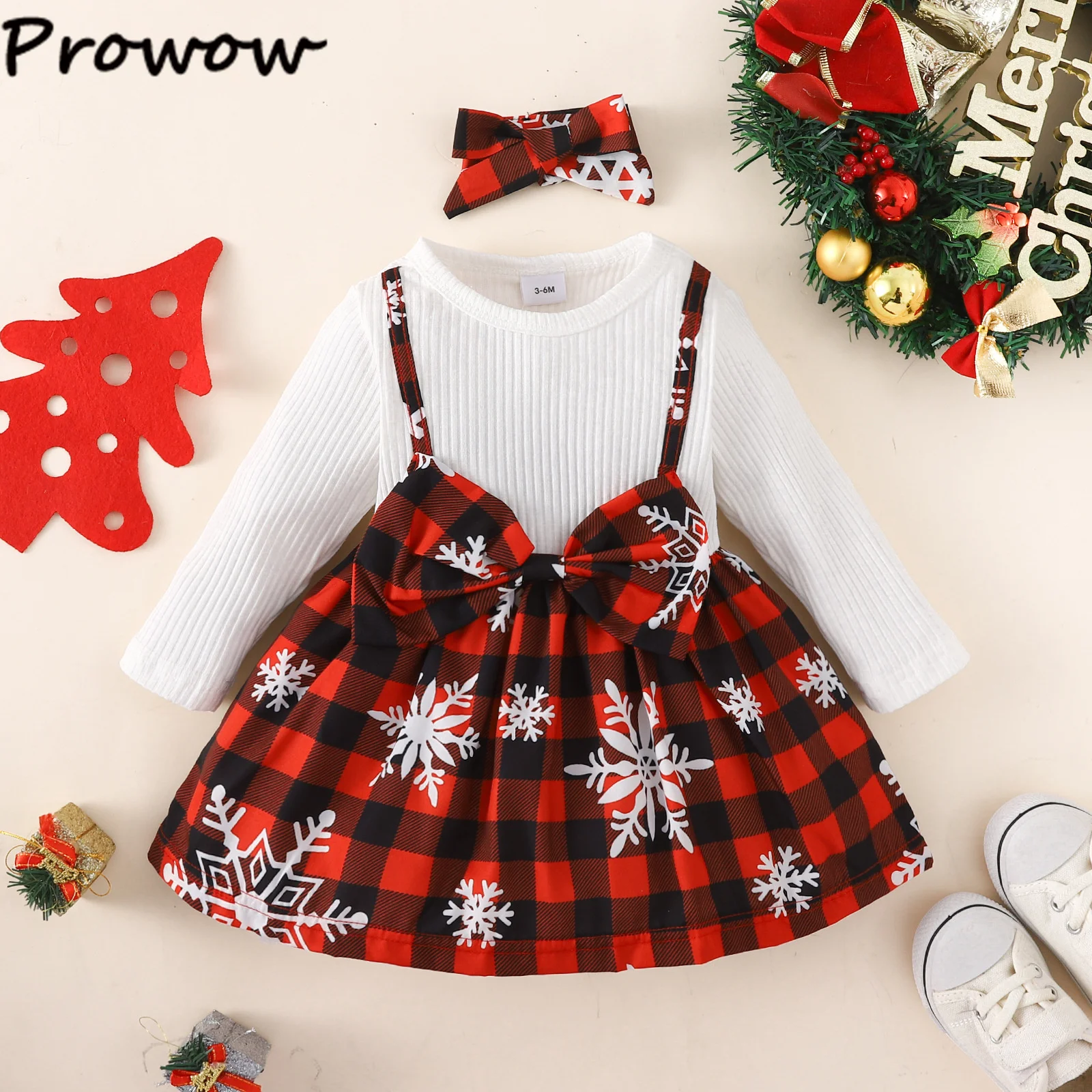 Prowow Baby Christmas Dresses 2025 Long Sleeve Big Bow Plaid Party Dress For Newborns Infants My First New Year Baby Clothes