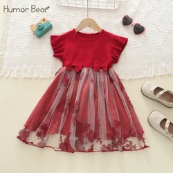 Humor Bear 2024 New Girl's Princess Dress Red Embroidered Flying Sleeves Children's costume Casual Style