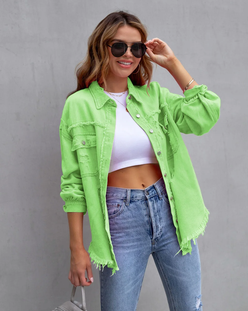 2025 New European and American Style Medium and Long Rough Edge Ripped Denim Jacket, Women's Spring Autumn Casual Lapel Top