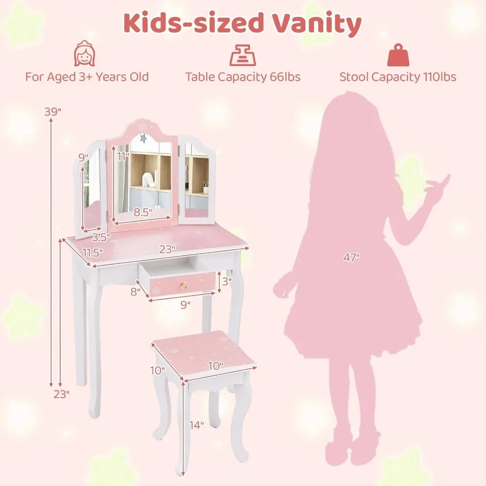 2 Piece Kids Vanity Set, Snowflake Makeup Table & Chair Set, Dress Up Jewelry Organizer W/Full-Length Mirror, Makeup Table Kids