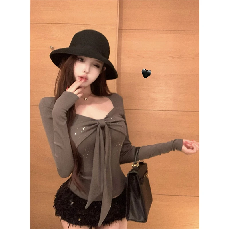 MEXZT Streetwear Bow T Shirt Women Fashion Diamond Crop Tops Autumn Gyaru Korean Square Collar Long Sleeve Slim Design Tees New