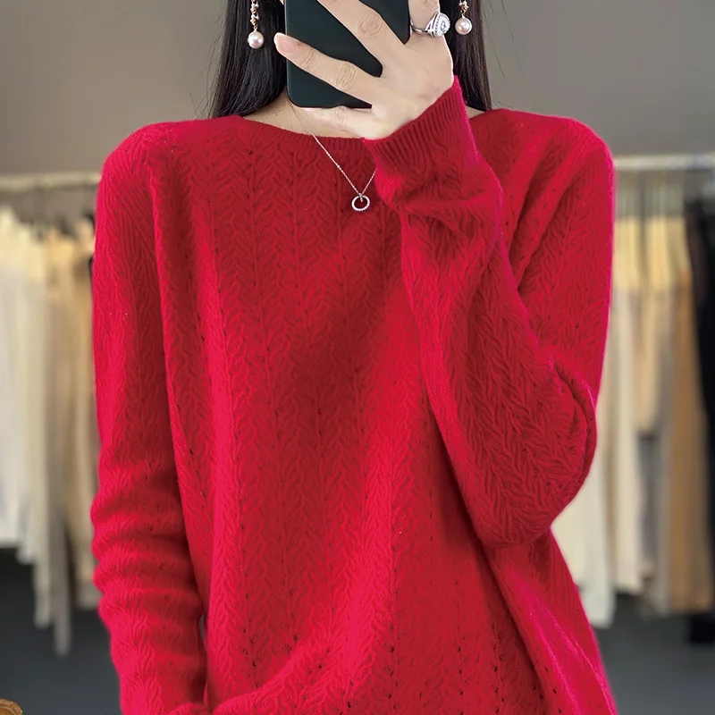 100% Merino Wool Clothing Women\'s O-Neck Pullover Spring and Autumn Thin Knitted Thread Hollow Top Fashion Korean New Product