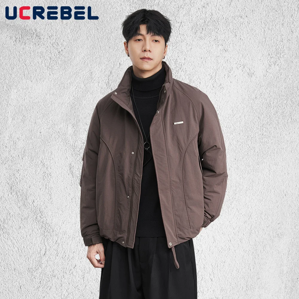 

Solid Color Spliced down jacket Mens Winter Warm Retro High Street Stand Collar Long Sleeve Thick Padded jacket Man