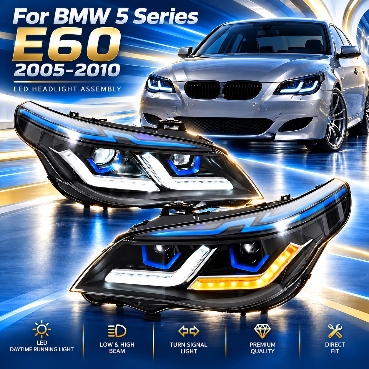 TYPY LED-Scheinwerfer für BMW 5er E60 2005-2010 Projektor-Scheinwerfer-Baugruppe mit DRL Tagfahrlicht Vordere Frontscheinwerfer Autozubehör
