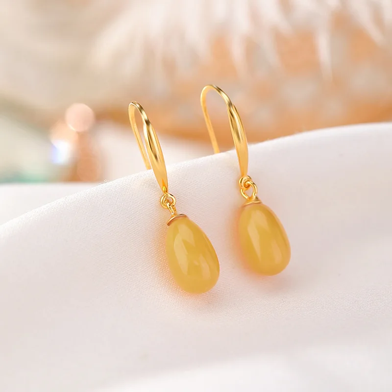 

S925 Sterling Silver Gold-Plated Amber Drop Earrings With A Sense Of Design And Elegant Ear Hooks
