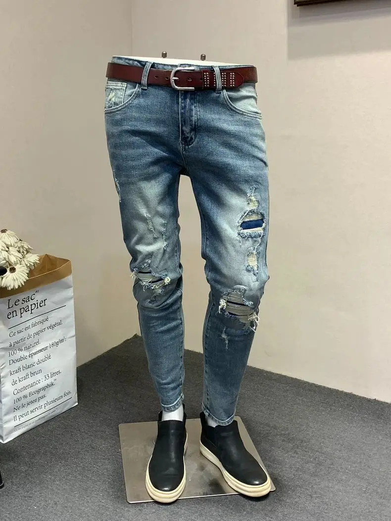 Man Clothing Streetwear Korean Slim-fitting Small-footed Jeans Men's Fashion Handsome Ripped Beggar Spring Autumn Long Pants