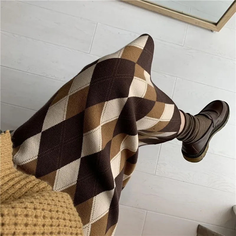 Argyle Knitted Skirts for Women Autumn Loose Casual Plaid Midi Skirt Female Korean High Waist Streetwear Straight Skirt New